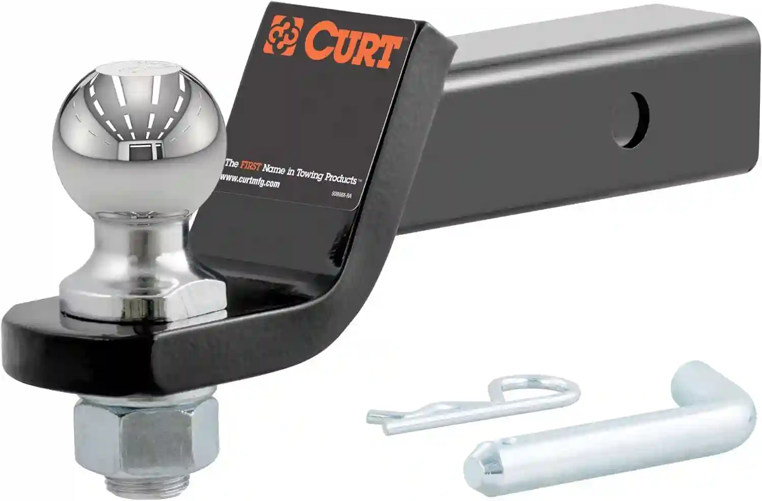 CURT 45036 Trailer Hitch Mount with 2-Inch Ball & Pin, Fits 2-in Receiver, 7,500 lbs, 2" Drop, GLOSS BLACK POWDER COAT
